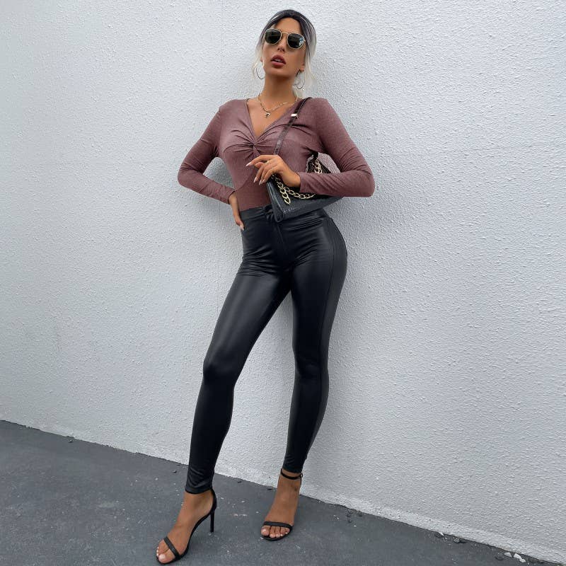SOLID COLOR V-NECK LONG SLEEVE BASE JUMPSUIT