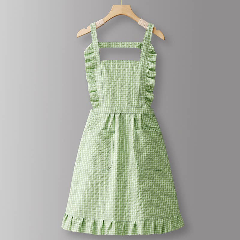 Cotton Striped Grid Kitchen Apron with Pocket