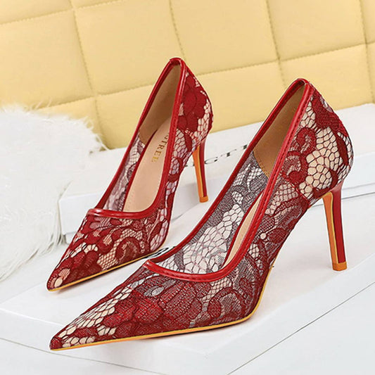 WOMEN MESH HOLLOW LACE POINTED TOE HIGH HEELS