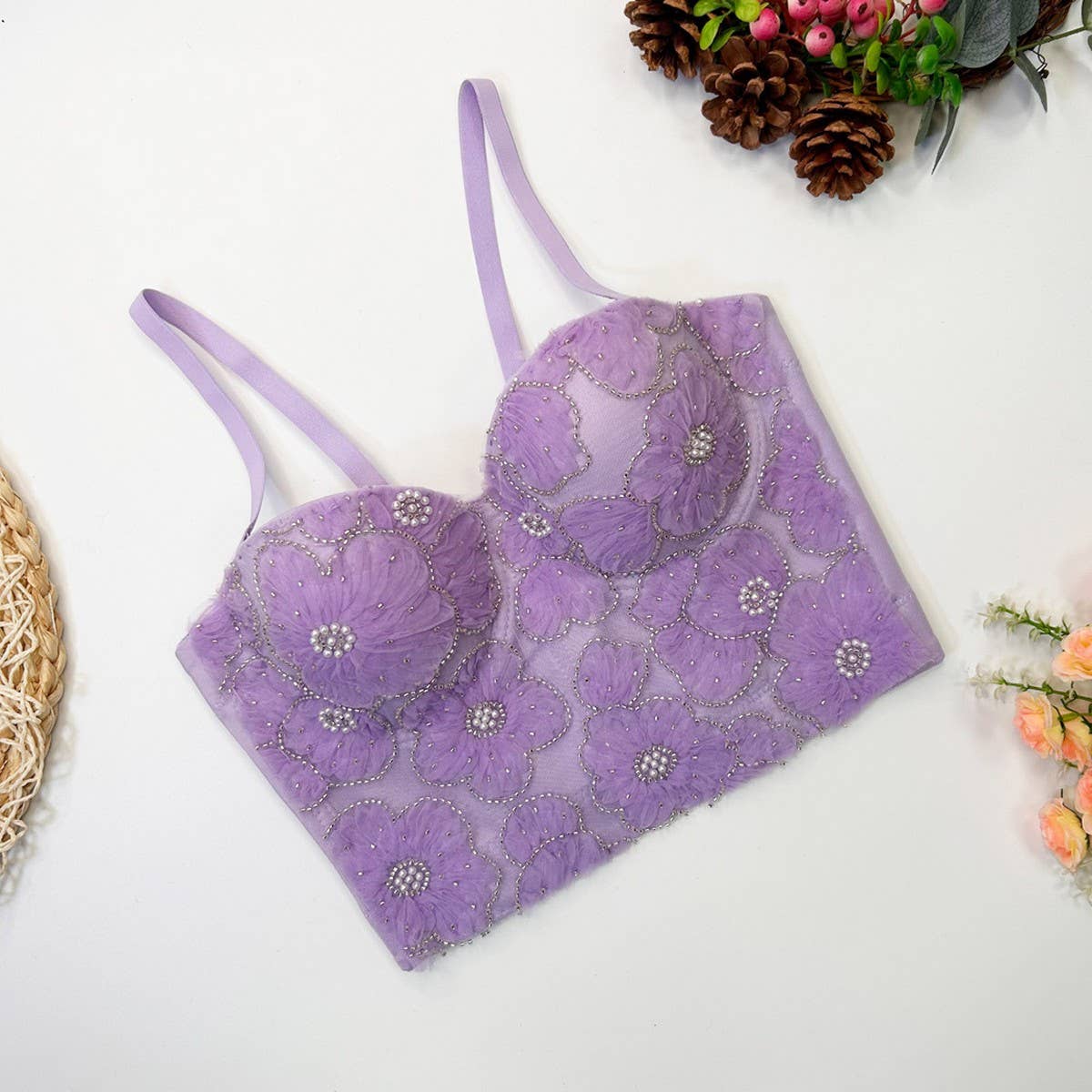 LACE EMBROIDERED FLOWER HERRINGBONE CORSET