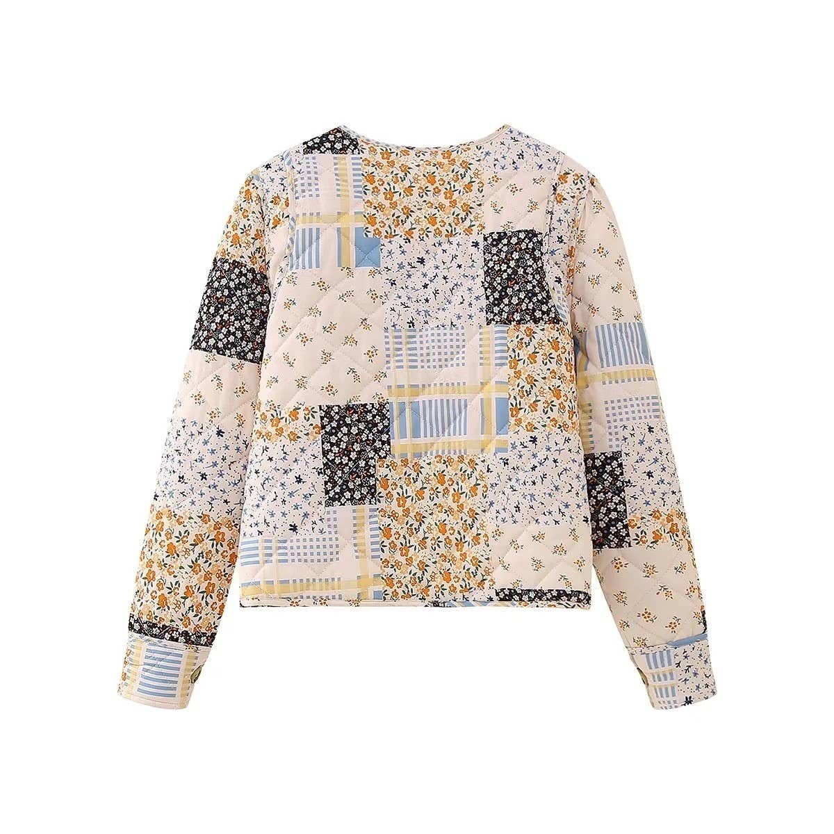 FLORAL PRINT PANELED BUTTON QUILTED JACKET
