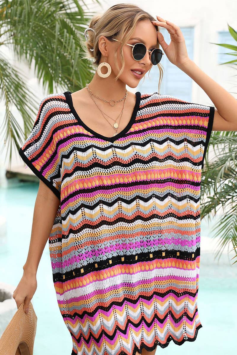 CWTBLS1747_SUMMER COLORFUL HOLLOW BEACH SWIMSUIT COVER UP