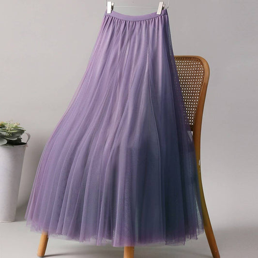 SOLID COLOR ELASTIC-WAIST MESH TULLE A-LINE SKIRT_CWBLS0372