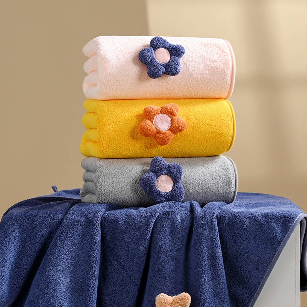 CORAL FLEECE FLOWER SQUARE TOWEL BATH TOWEL SET
