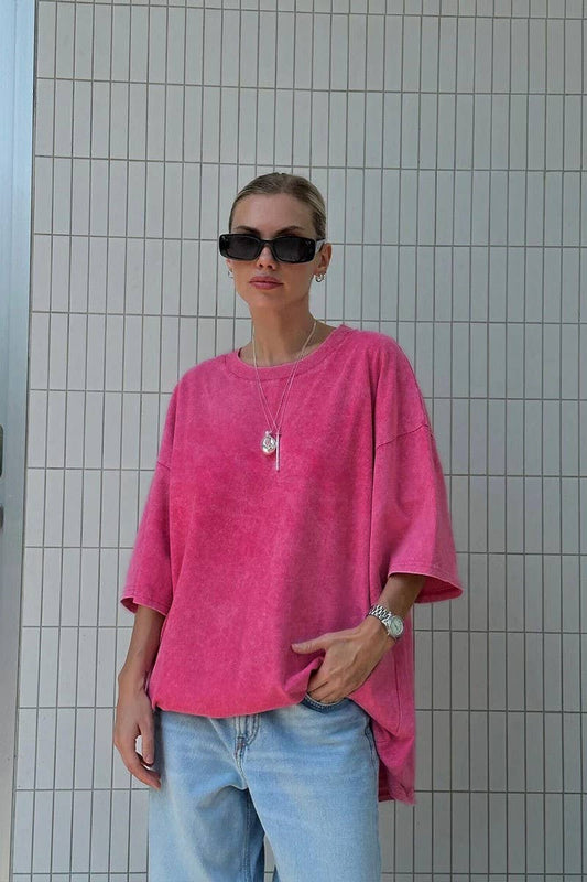 Cwtts1176_Round Neck Washed Distressed Short Sleeve T-Shirt