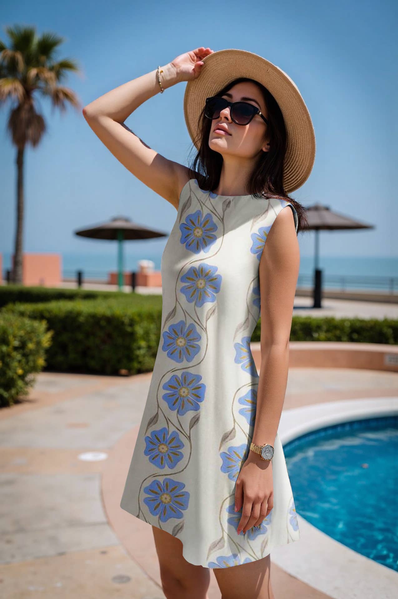 Straight, sleeveless, round-neck floral dress