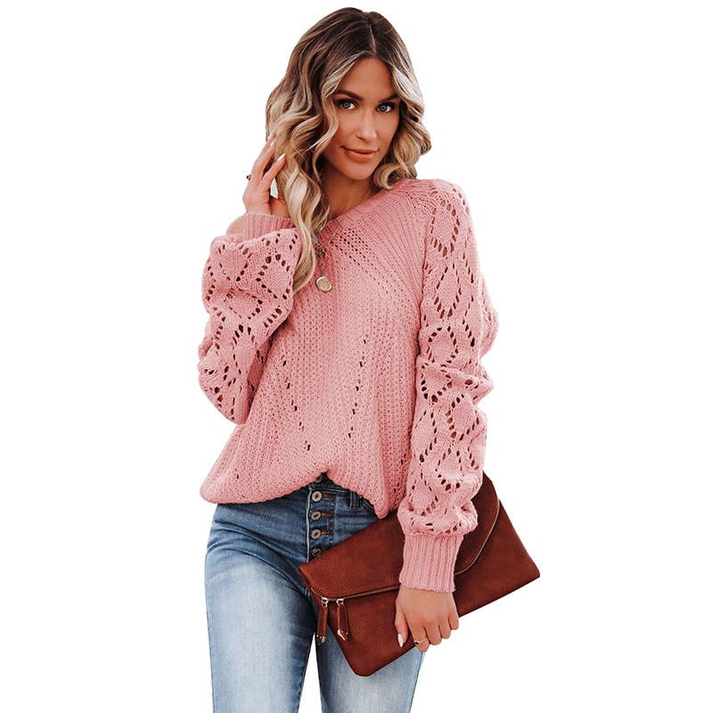 HOLLOW-OUT PULLOVER PATTERN CREW-NECK SWEATER