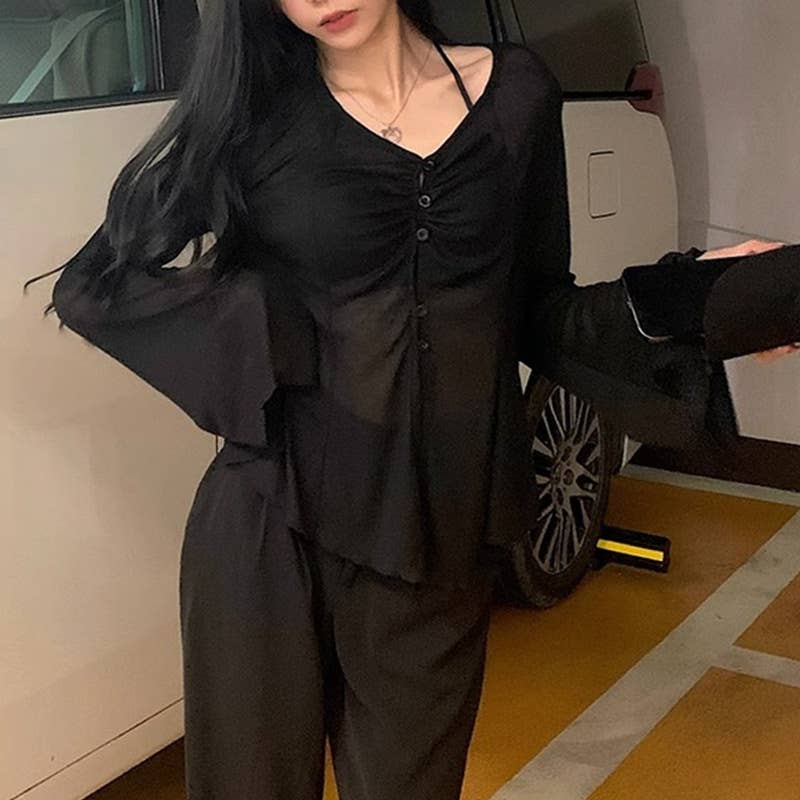 V-neck single breasted semi-transparent shirt