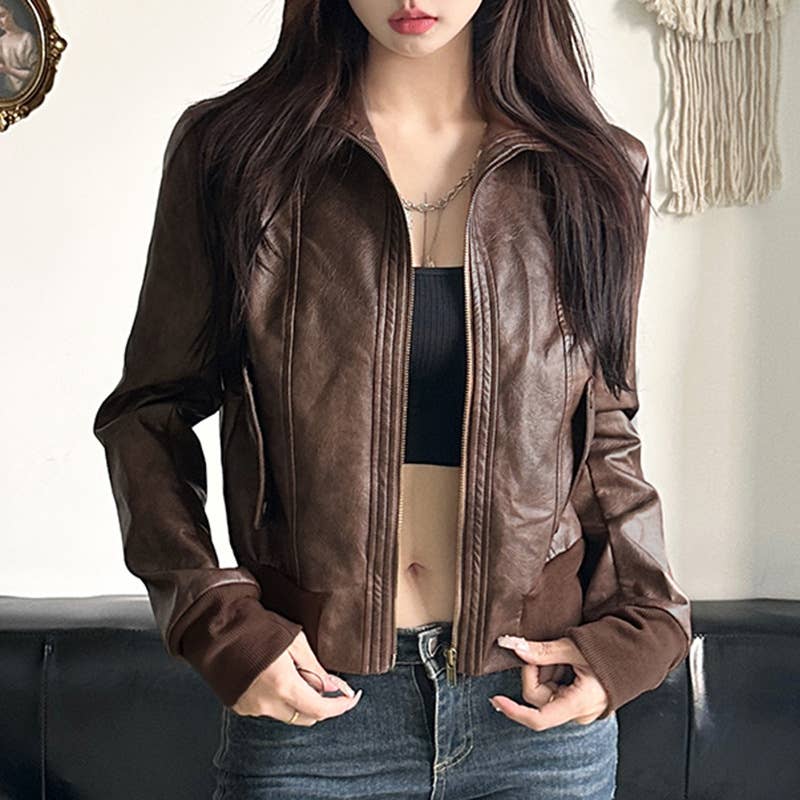 VINTAGE LOOSE JACKET JACKET ZIPPER LEATHER WAIST