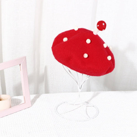 CWAH04554_KIDS BERET HAT RED MUSHROOM STYLE WINTER CAP