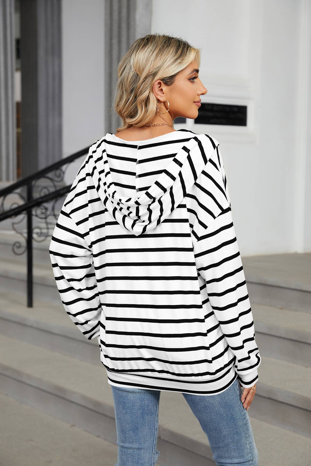 Striped V-neck hooded long-sleeved sweatshirt