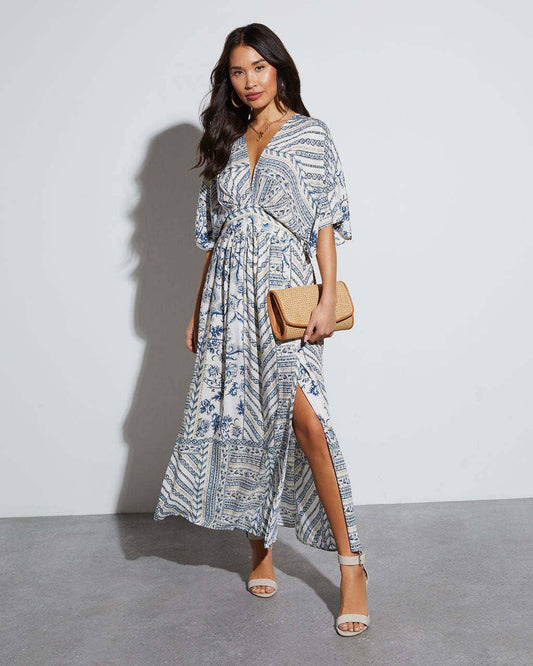 Printed short sleeve printed V-neck long  dress