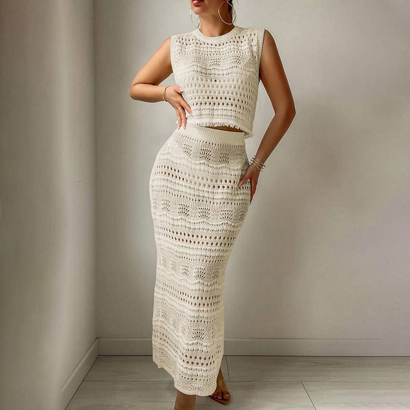 Solid knit beach dress bikini cover up set