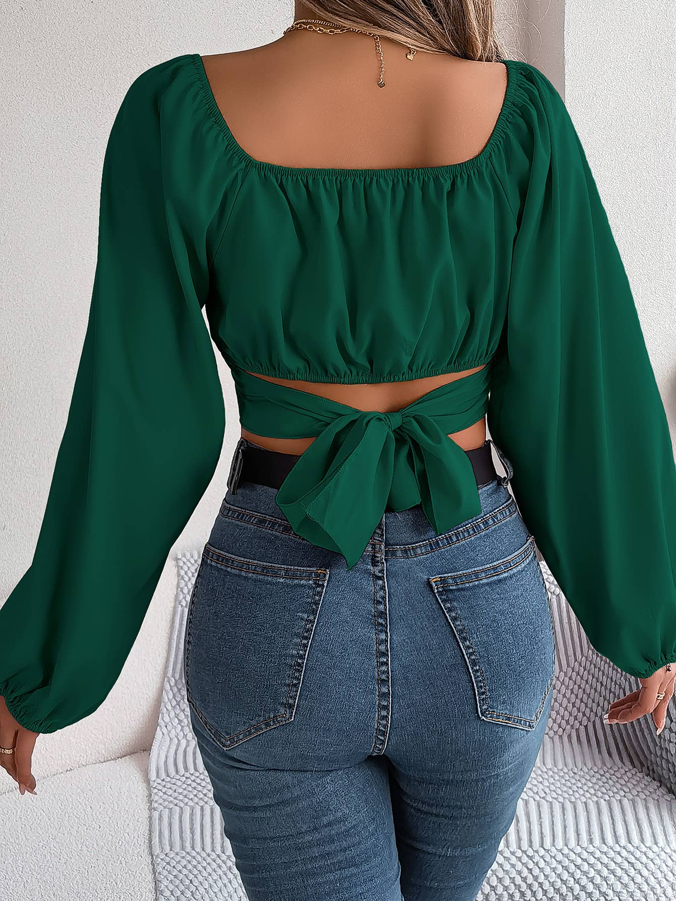 LANTERN SLEEVE LACE-UP WAIST CHIFFON CROP TOP