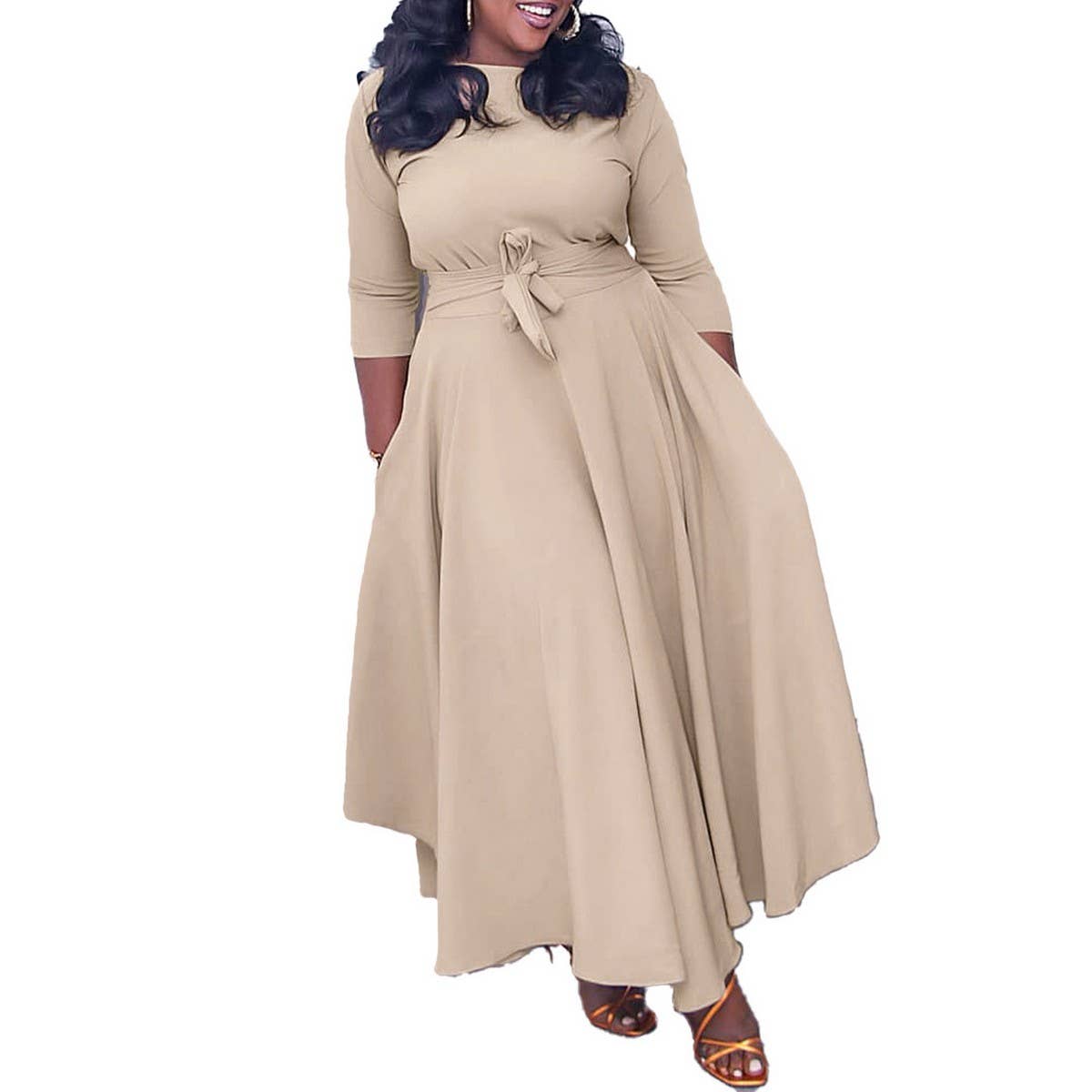 FASHIONABLE AND ELEGANT LACE-UP PLUS SIZE DRESS_CWDMD3654