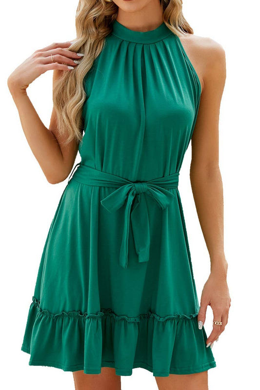 CWDHL0339_SOLID COLOR HALTER NECK STRAP SLEEVELESS DRESS