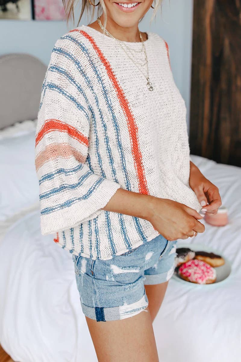 STRIPED COMFORT FLORAL BEACH PULLOVER SWEATER