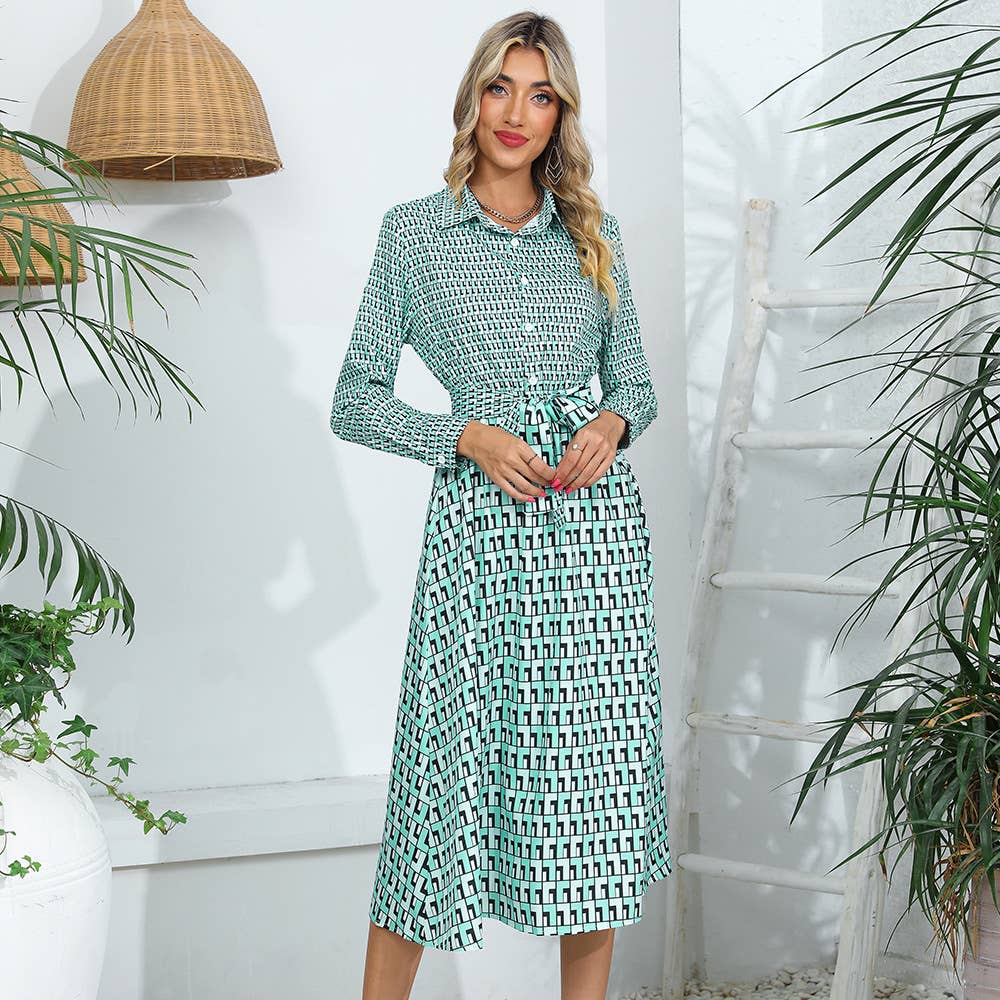 PLAID PATCHWORK LACE-UP LONG-SLEEVED DRESS