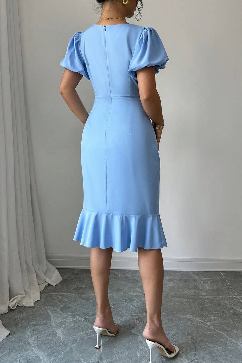 CWDSD7396_ROUND NECK LANTERN SLEEVE RUFFLED FISHTAIL DRESS