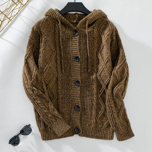 Solid color hooded drawstring single-breasted cardigan