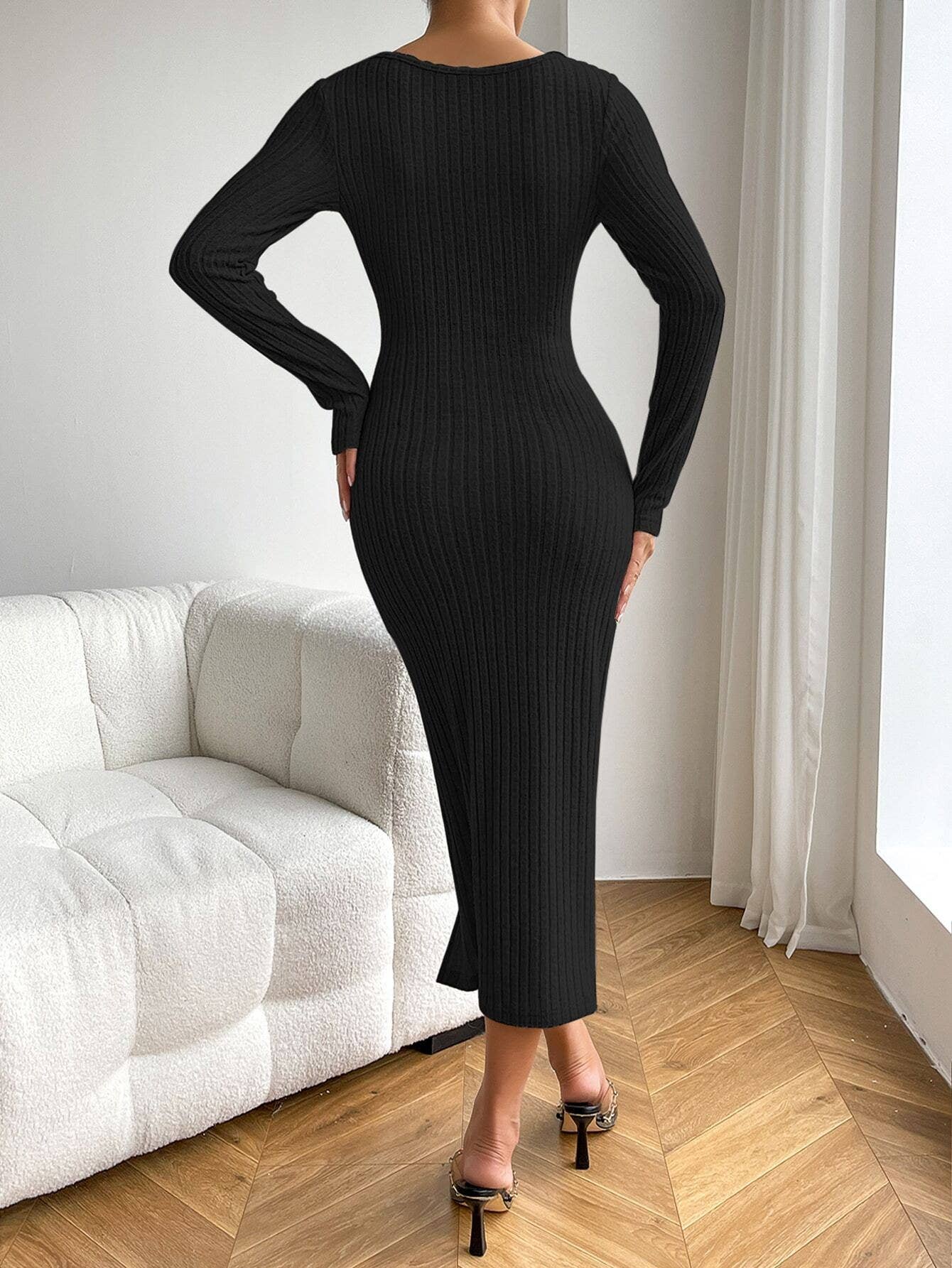 HOLLOW SLIM SLIT MID-LENGTH LONG-SLEEVED DRESS