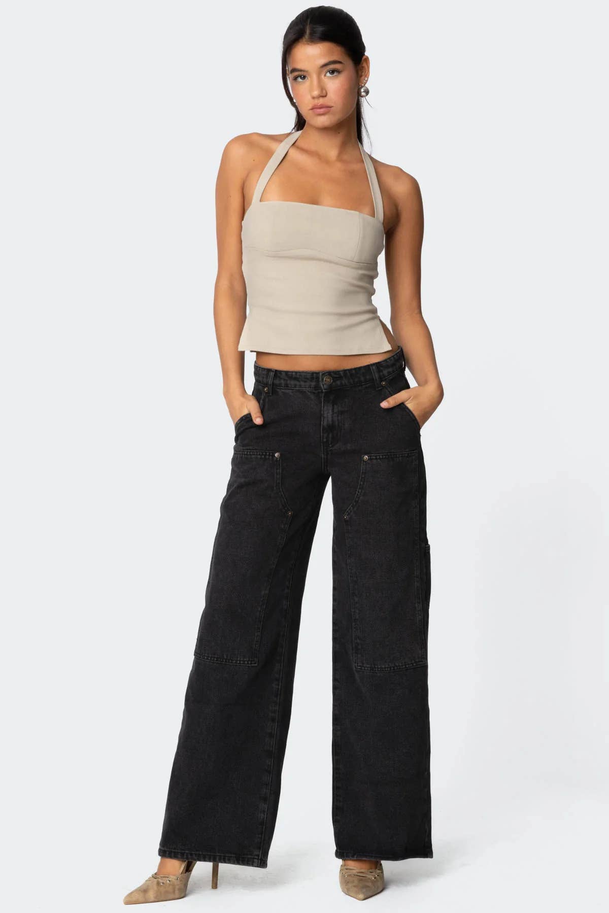 Loose-fitting wide-leg rivet work jeans