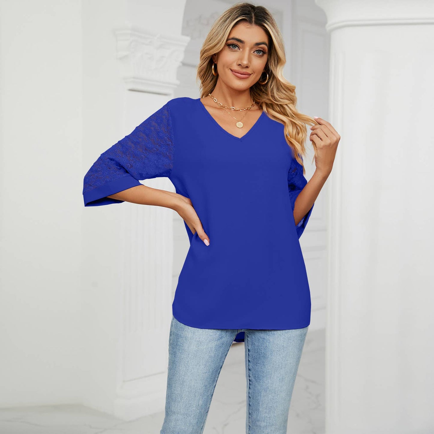 LACE HORN SLEEVE PATCHWORK CHIFFON BLOUSE