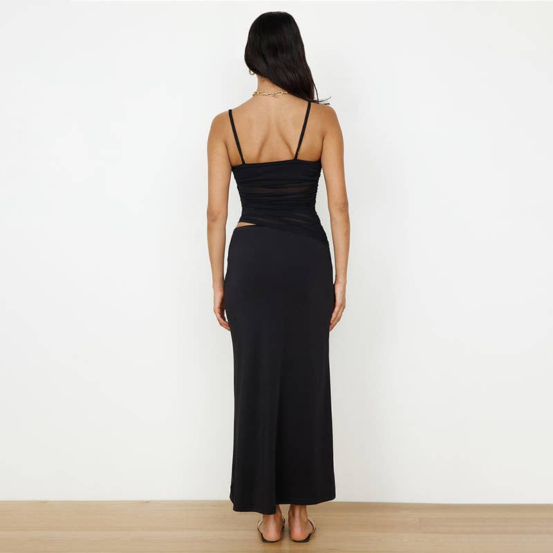 Solid color sleeveless pleated halter dress set