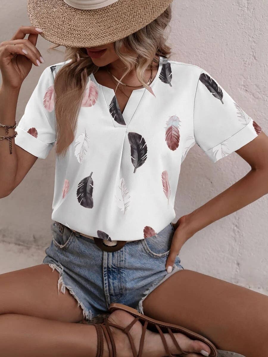 V-NECK FEATHER PRINT SHORT-SLEEVED LOOSE T-SHIRT
