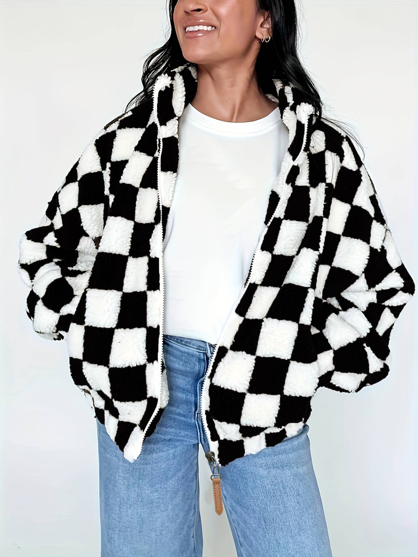 Stand-up collar zipper checkered fleece jacket