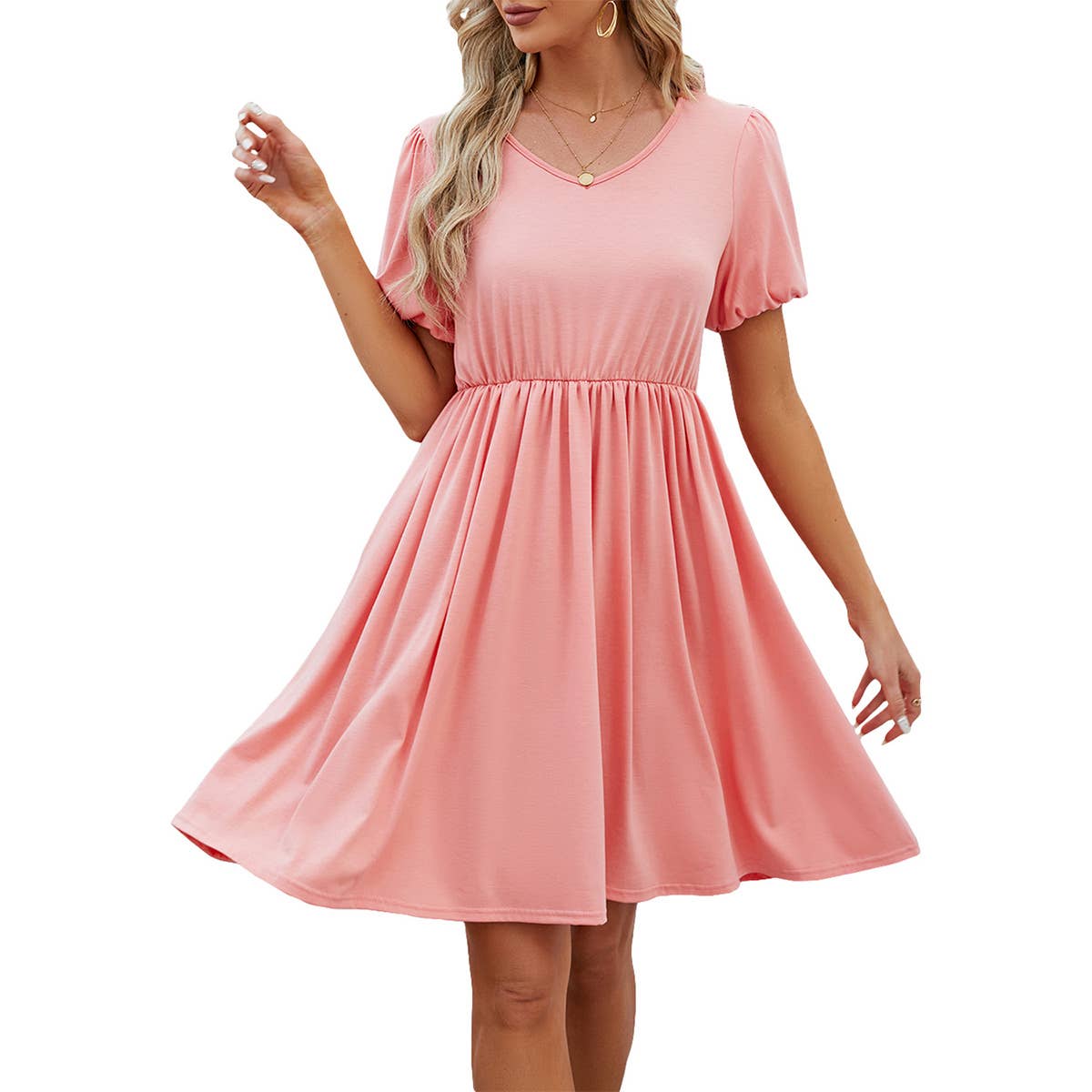 V-NECK PUFFY SLEEVE PLEATED SKIRT DRESS