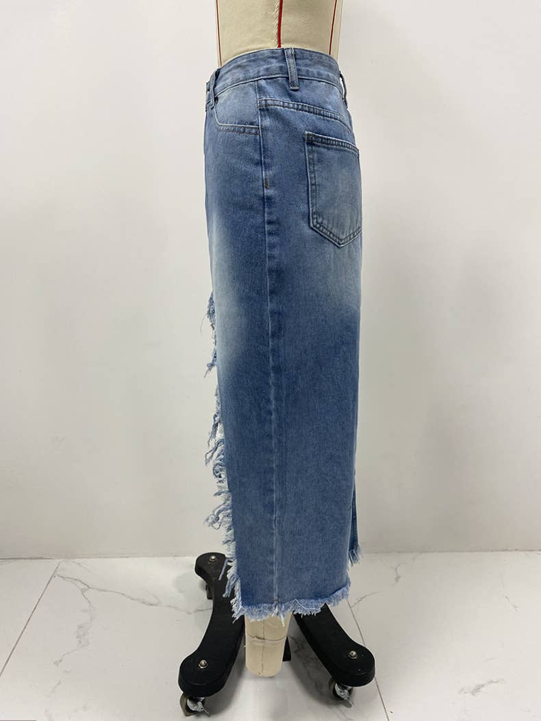 High-Waisted Asymmetrical Frayed Denim Skirt