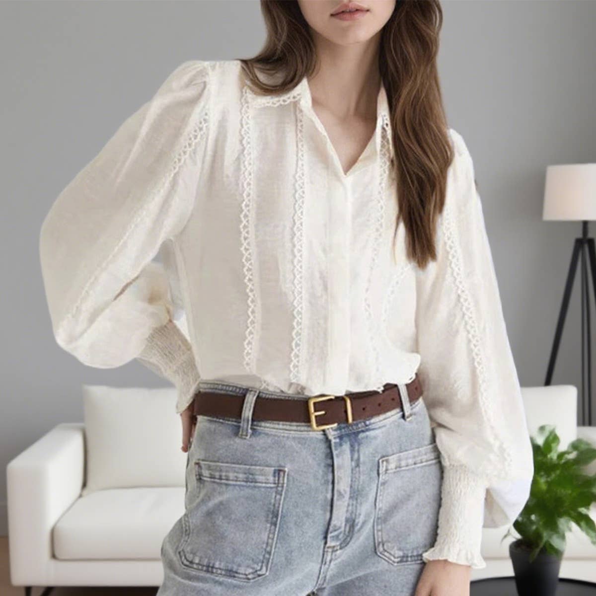 Lantern sleeve fabric lace trim fashion shirt