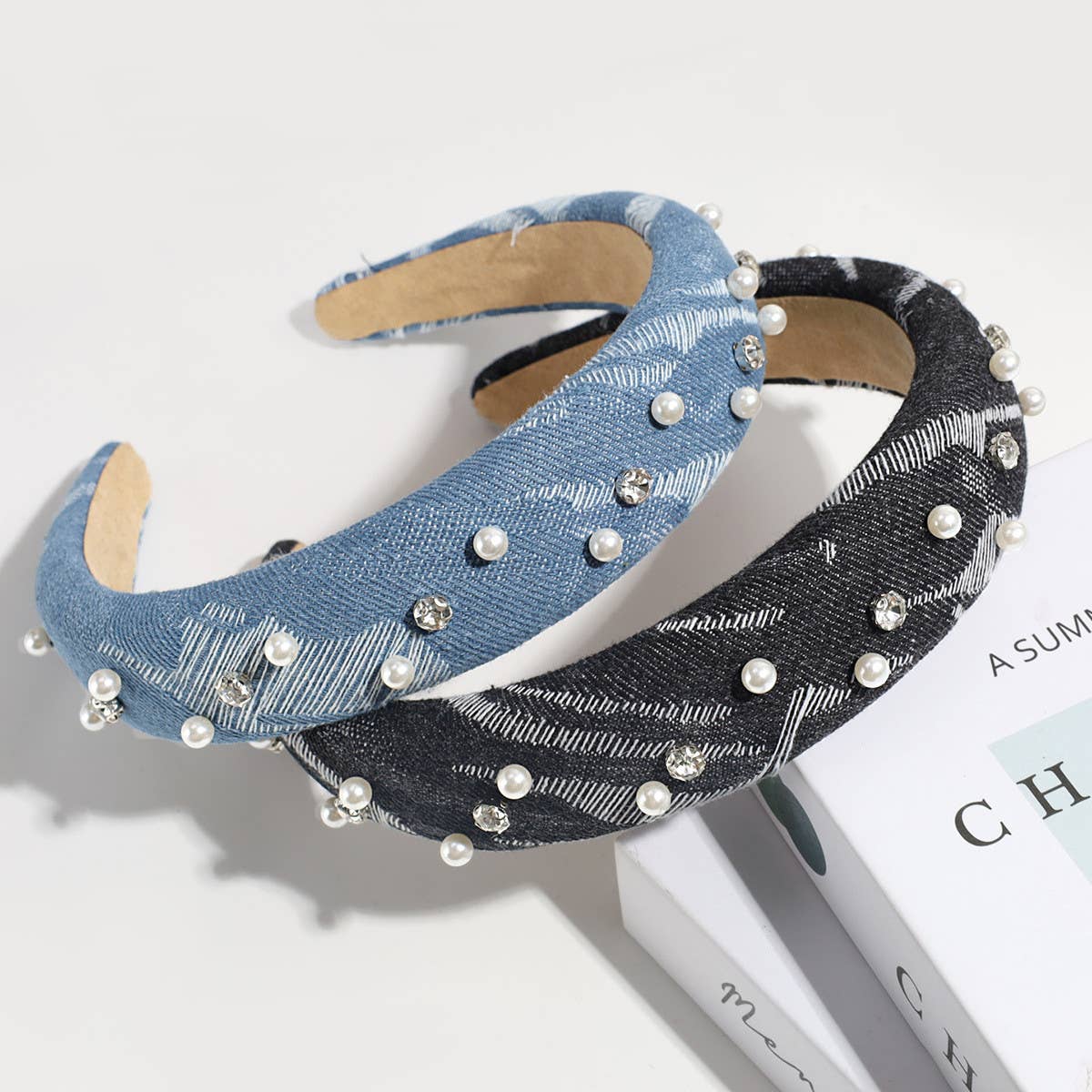 SIMPLE DENIM FAUX PEARL RHINESTONE HEADBAND_CWAHA2263