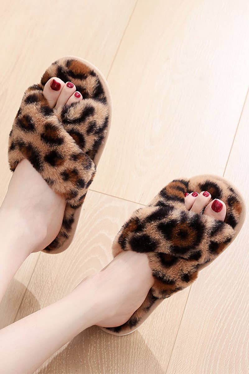 LEOPARD PATTERN CROSS FLUFFY HOME BEDROOM SLIPPERS