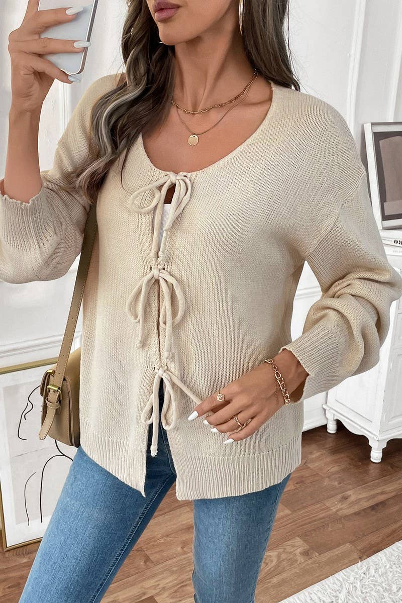 CWOCAL1831_TIE-DRAWSTRING SOLID COLOR CARDIGAN SWEATER COATS