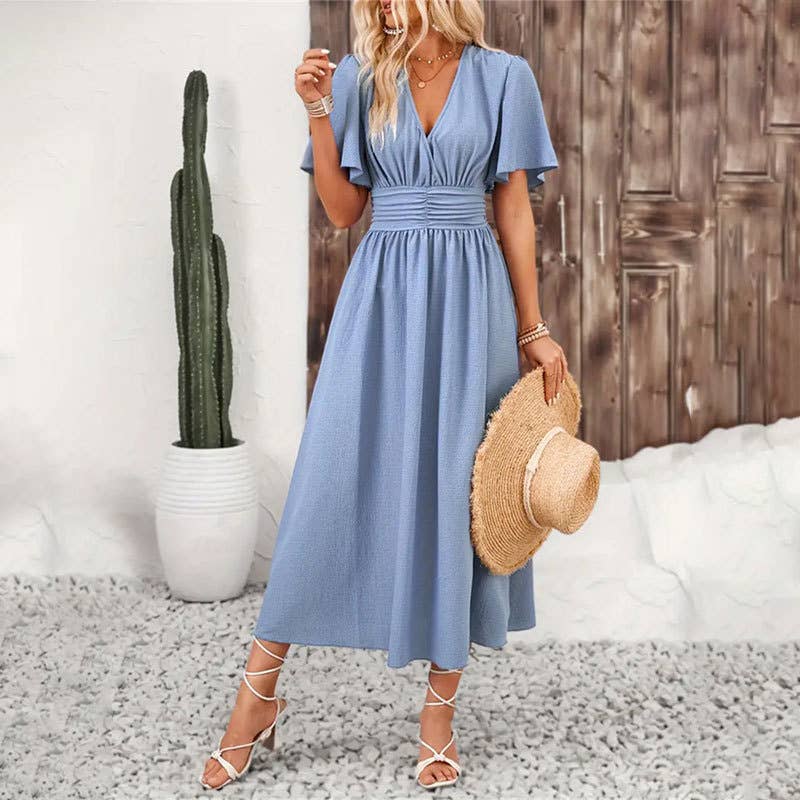 Waist dress with ruffled sleeves high slit