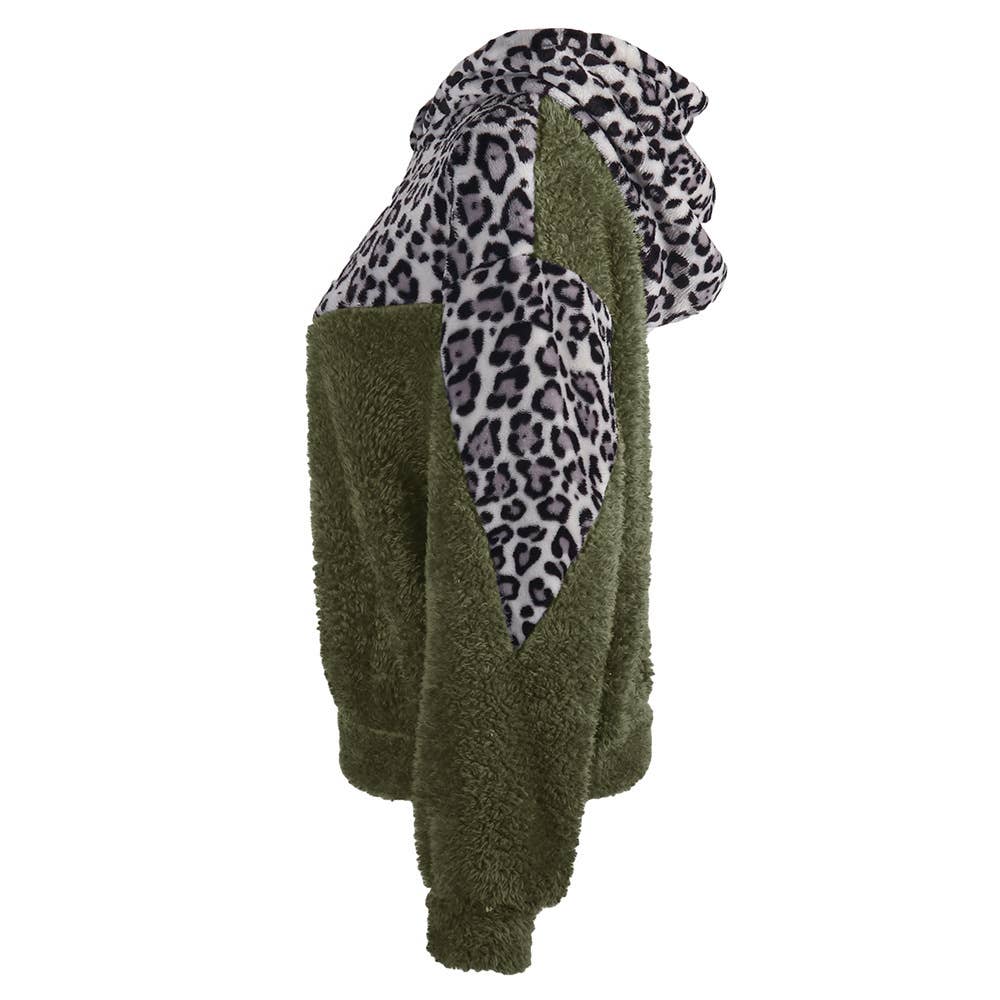 LEOPARD PRINT SPLICED DOUBLE-SIDED PLUSH HOODIE