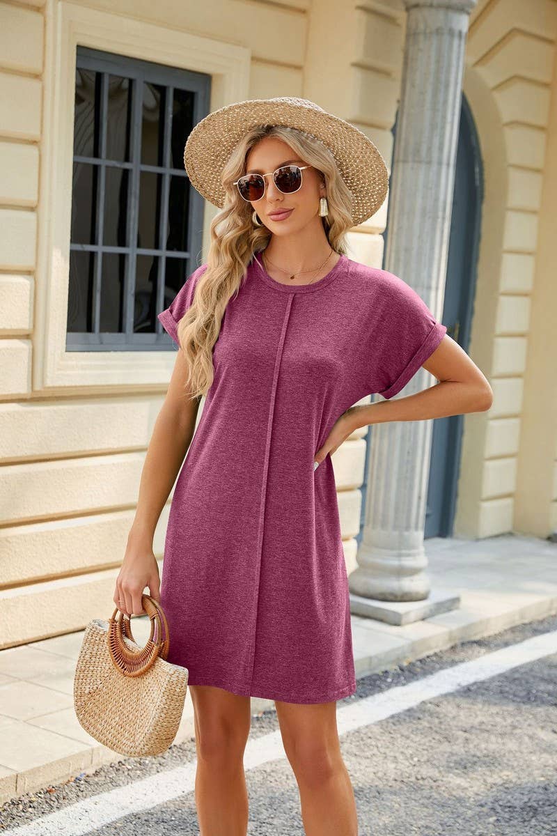 CWDSD3086_Round Neck Short Sleeve Knit T-shirt Dress