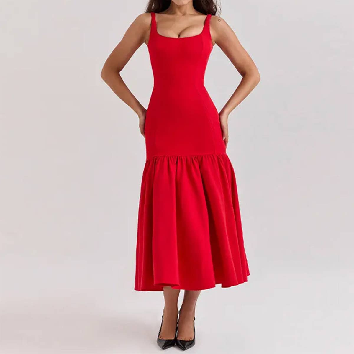 Sexy U-neck backless solid color hip wrap dress