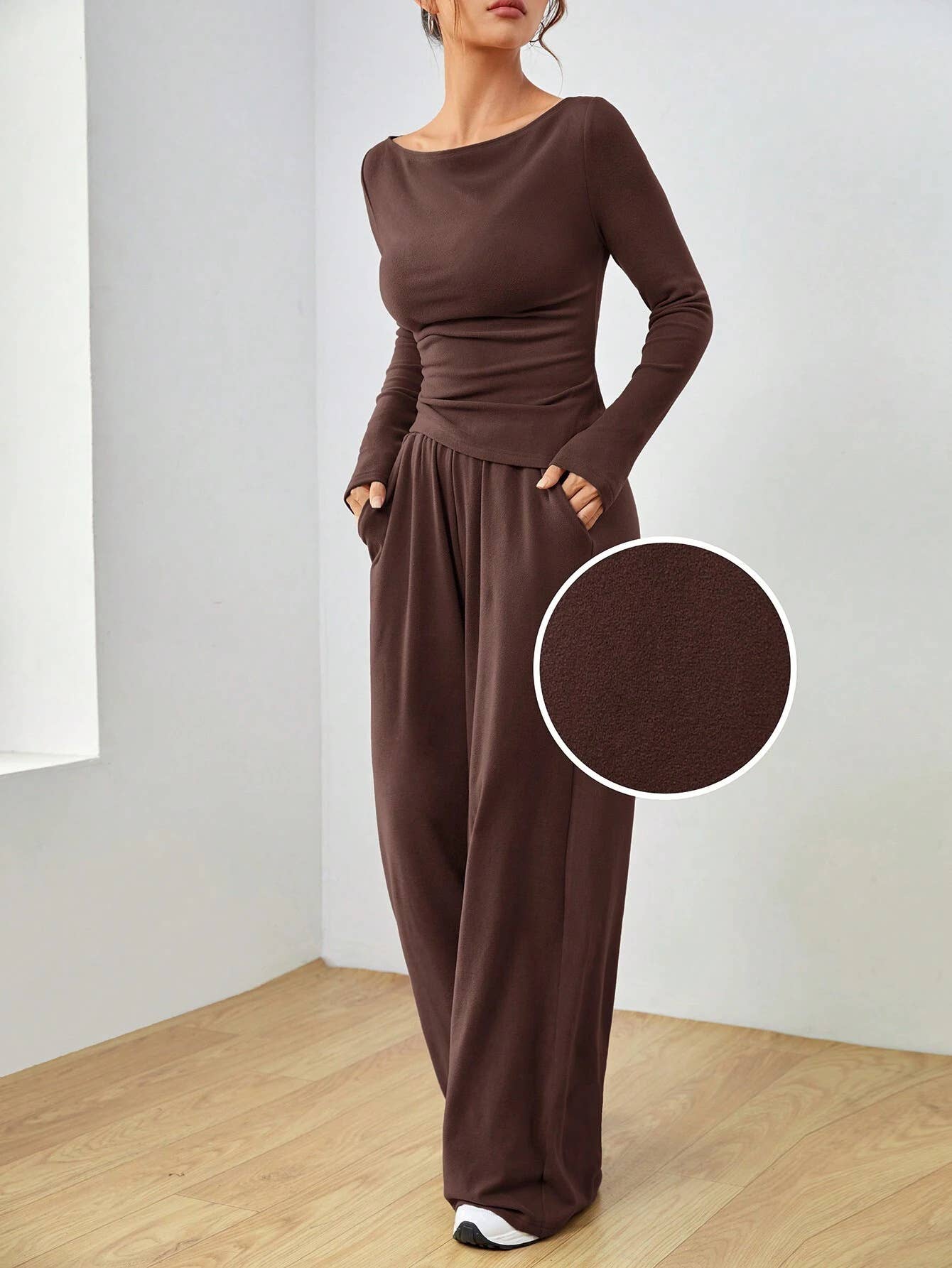 Solid-color long-sleeved wide-leg long pants set