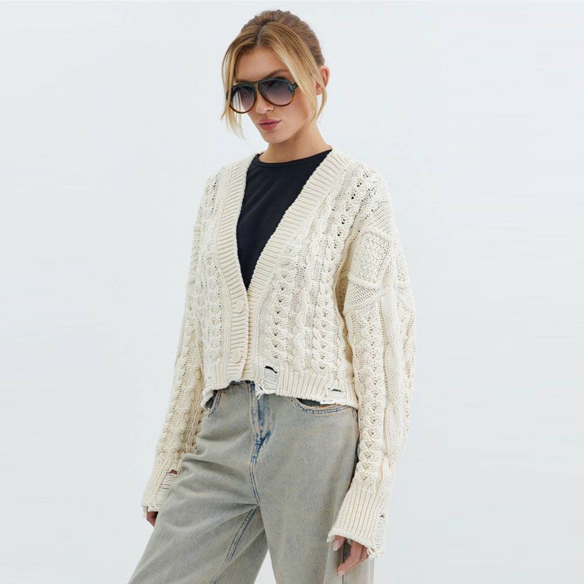 V-NECK SOLID COLOR TWIST SINGLE BREASTED CARDIGAN