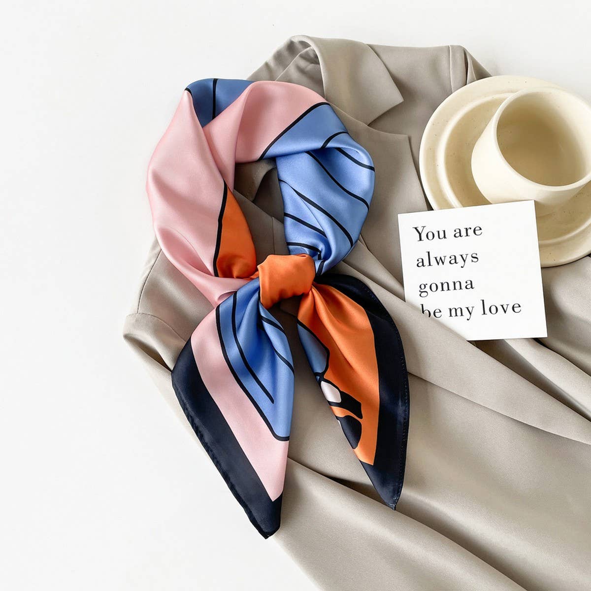 Mint Mambo Style Cartoon Print Satin Square Scarf