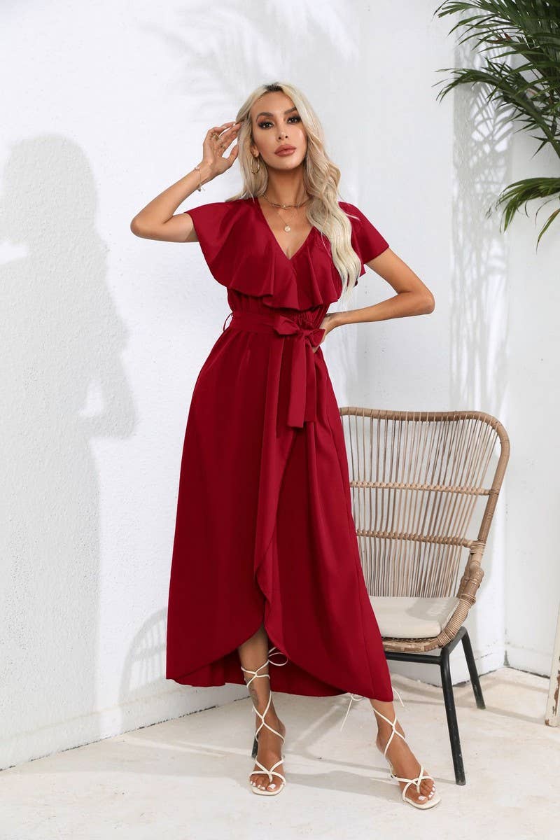 CWDMD1336_V-Neck Short Ruffle Sleeve With Belt Dress