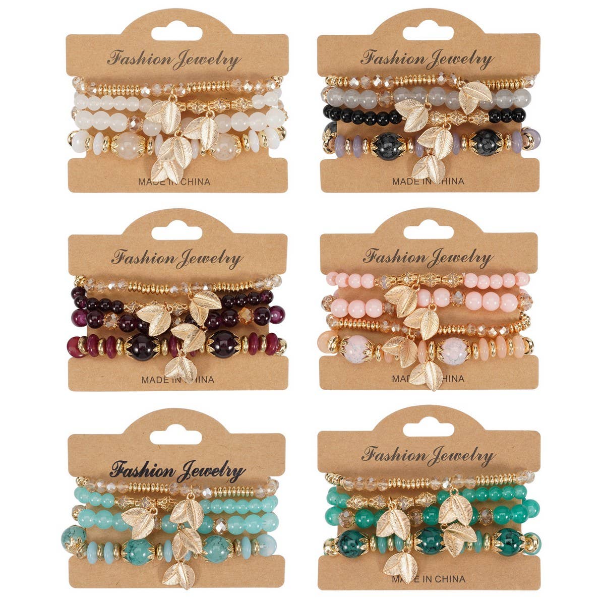 CWMM10456_BOHO LEAF CHARM MULTI LAYER BEADED BRACELET