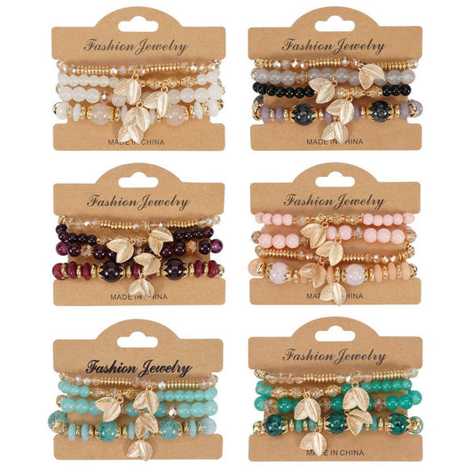 CWMM10456_BOHO LEAF CHARM MULTI LAYER BEADED BRACELET