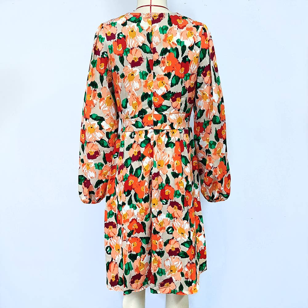 V Neck Floral Long Sleeve Dress with Waist Tie