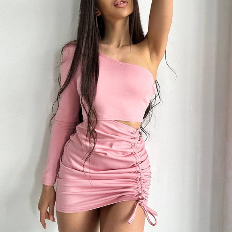 One Shoulder Crop Top and Ruched Skirt Set