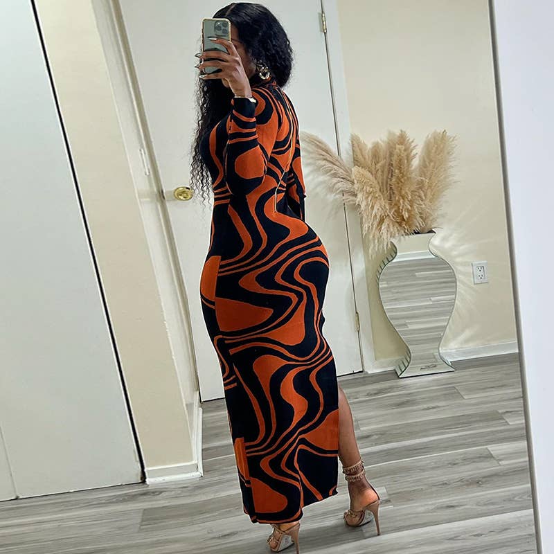 PRINTED SHEATH DRESS LONG SLEEVE MID-LENGTH SKIRT