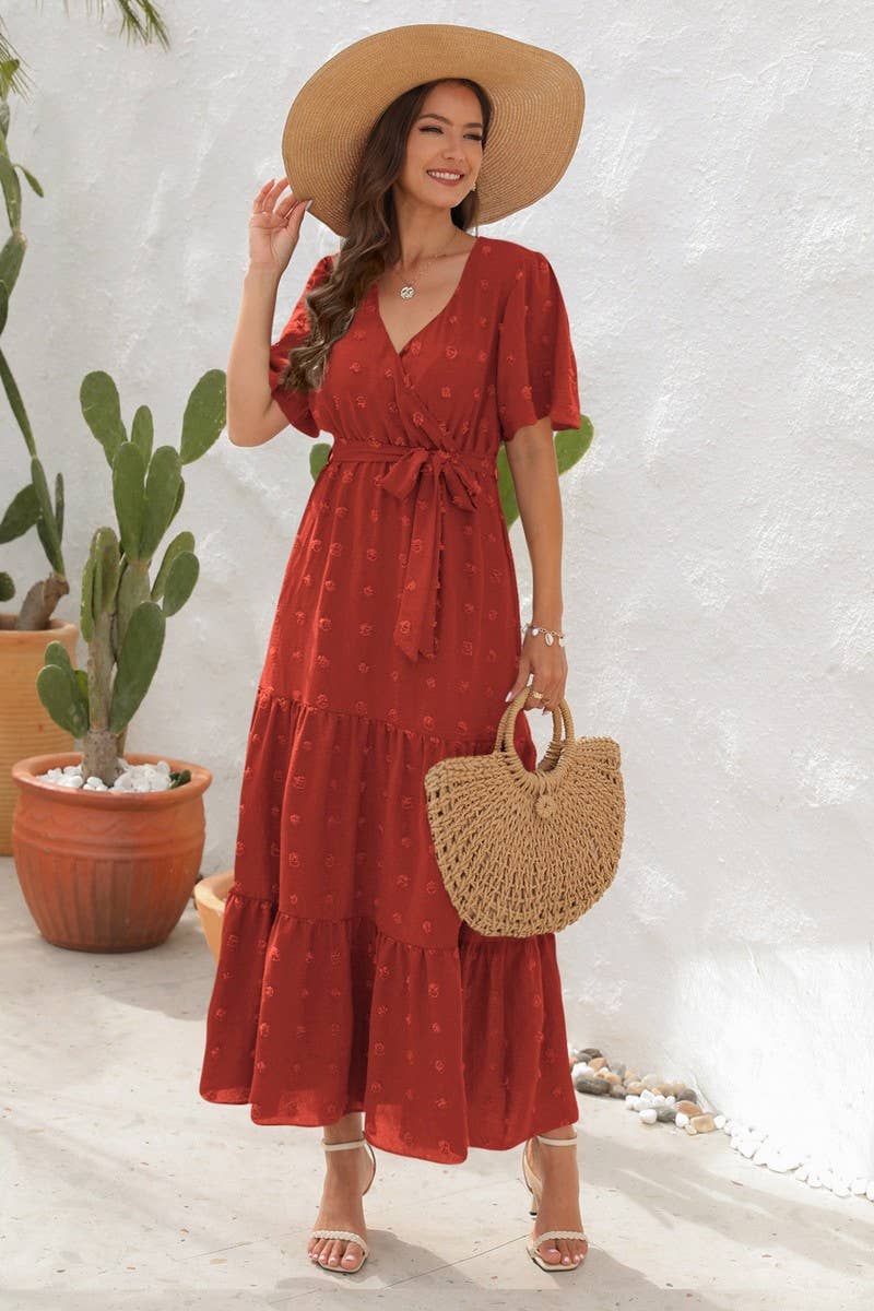 CWDMD2150_V NECK HIGH WAISTED SHORT SLEEVED LONG DRESS